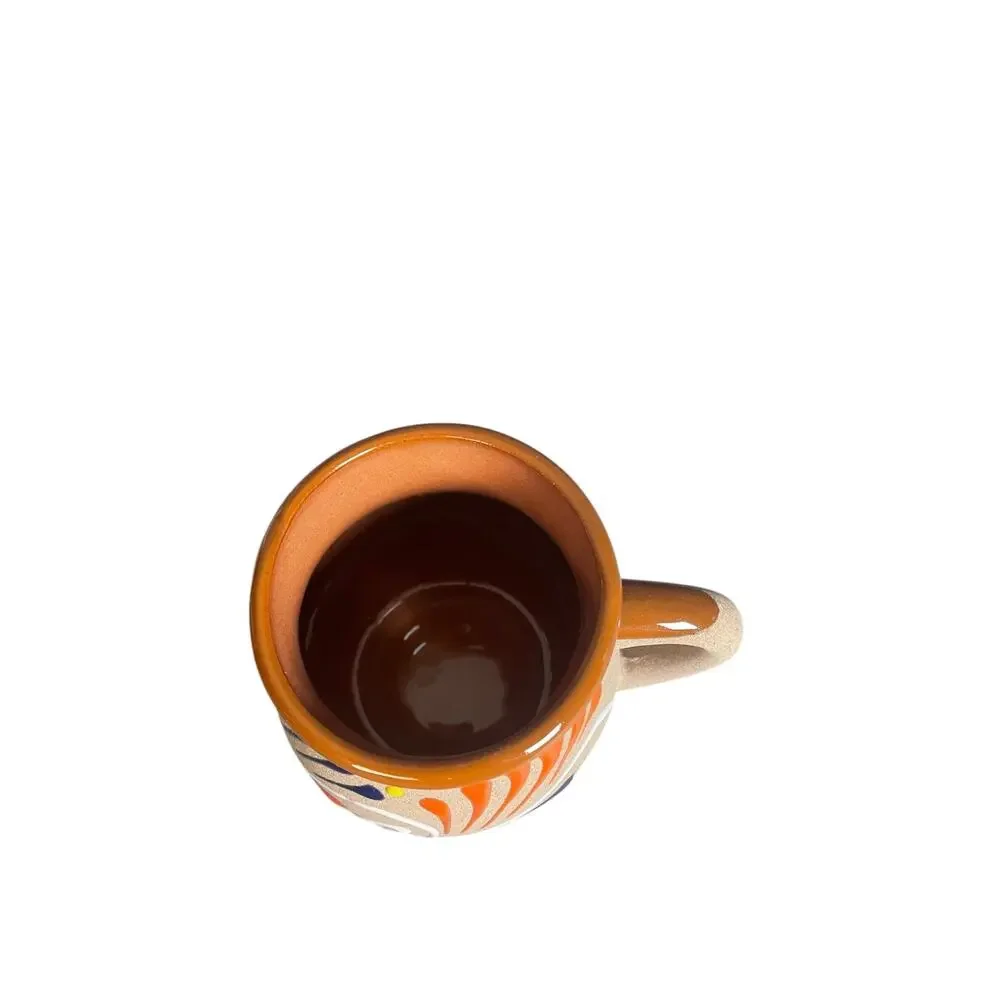 Mexican Tonala Sandstone Pottery Mug With Hand Painted Enamel & Glazed Interior